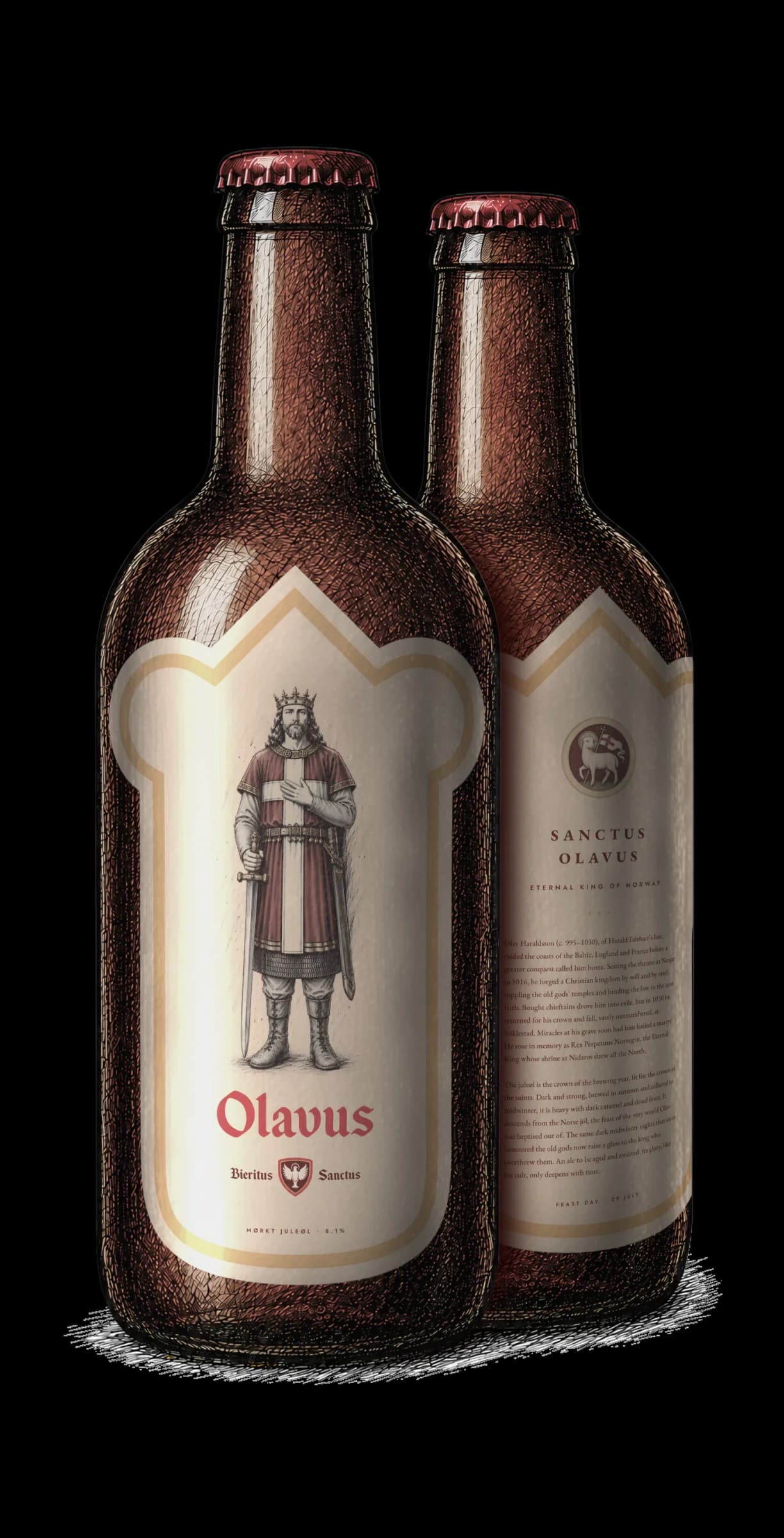 A bottle of Mørkt juleøl, labelled for Sanctus Olavus.