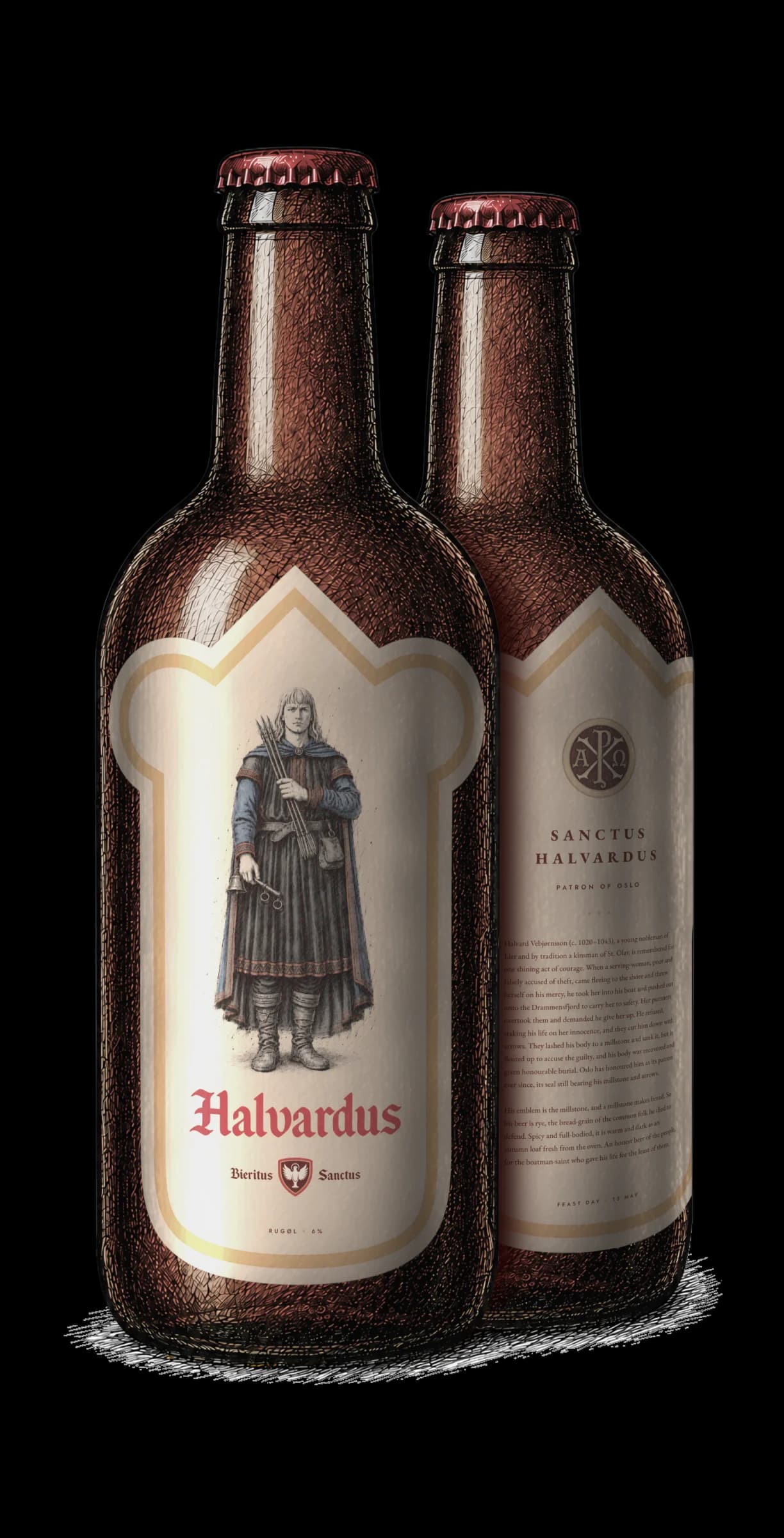 A bottle of Rugøl, labelled for Sanctus Halvardus.