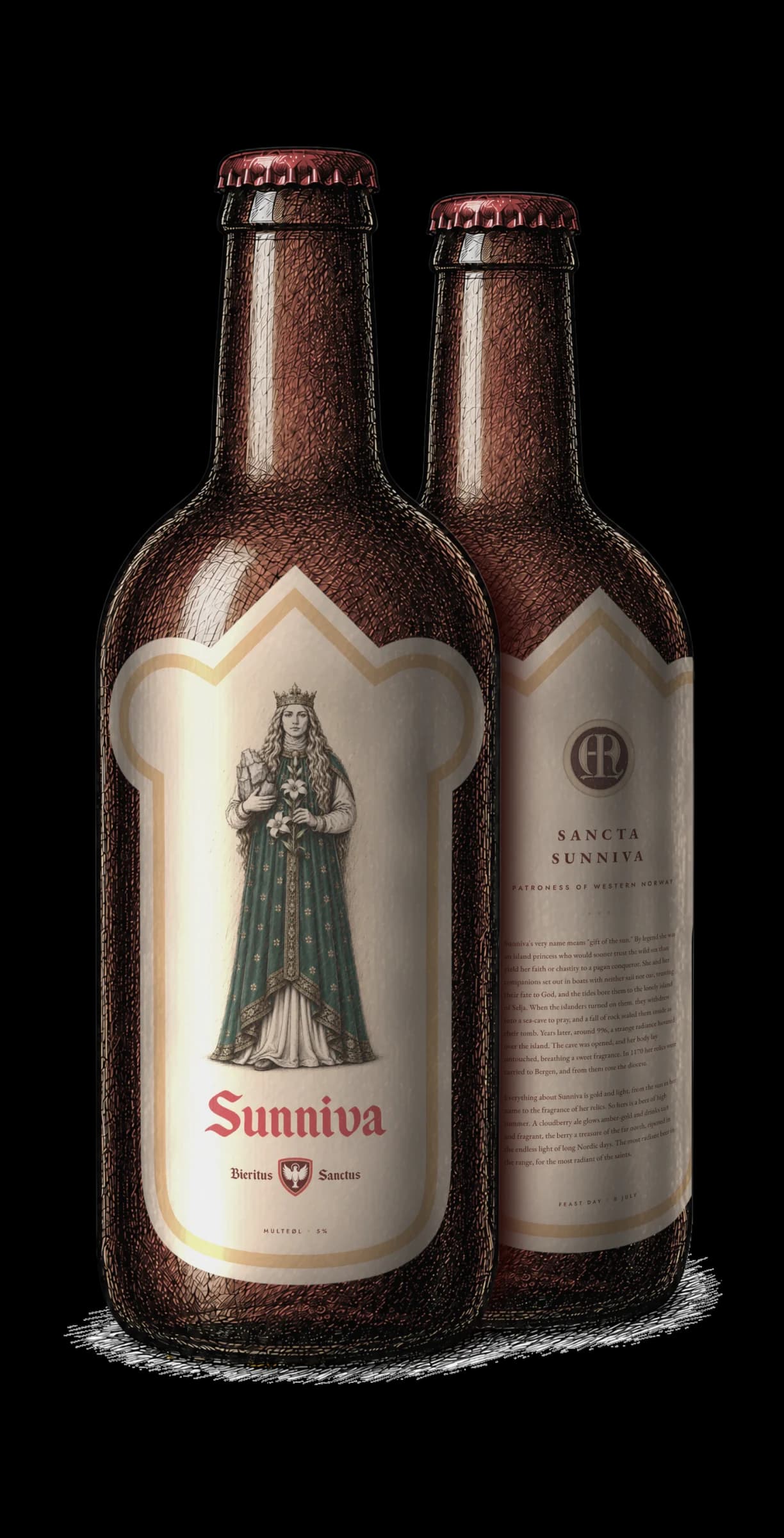 A bottle of Multeøl, labelled for Sancta Sunniva.