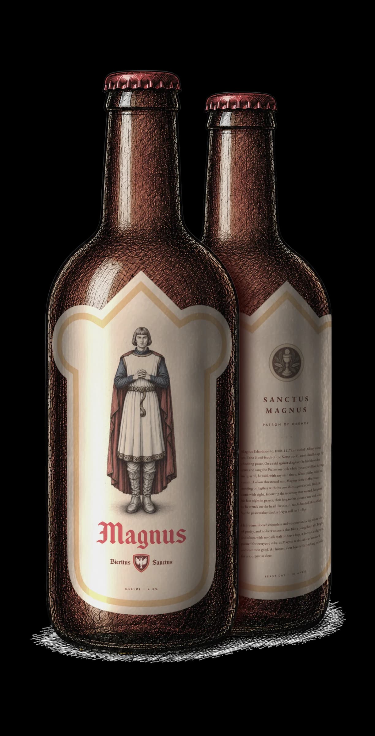 A bottle of Gulløl, labelled for Sanctus Magnus.