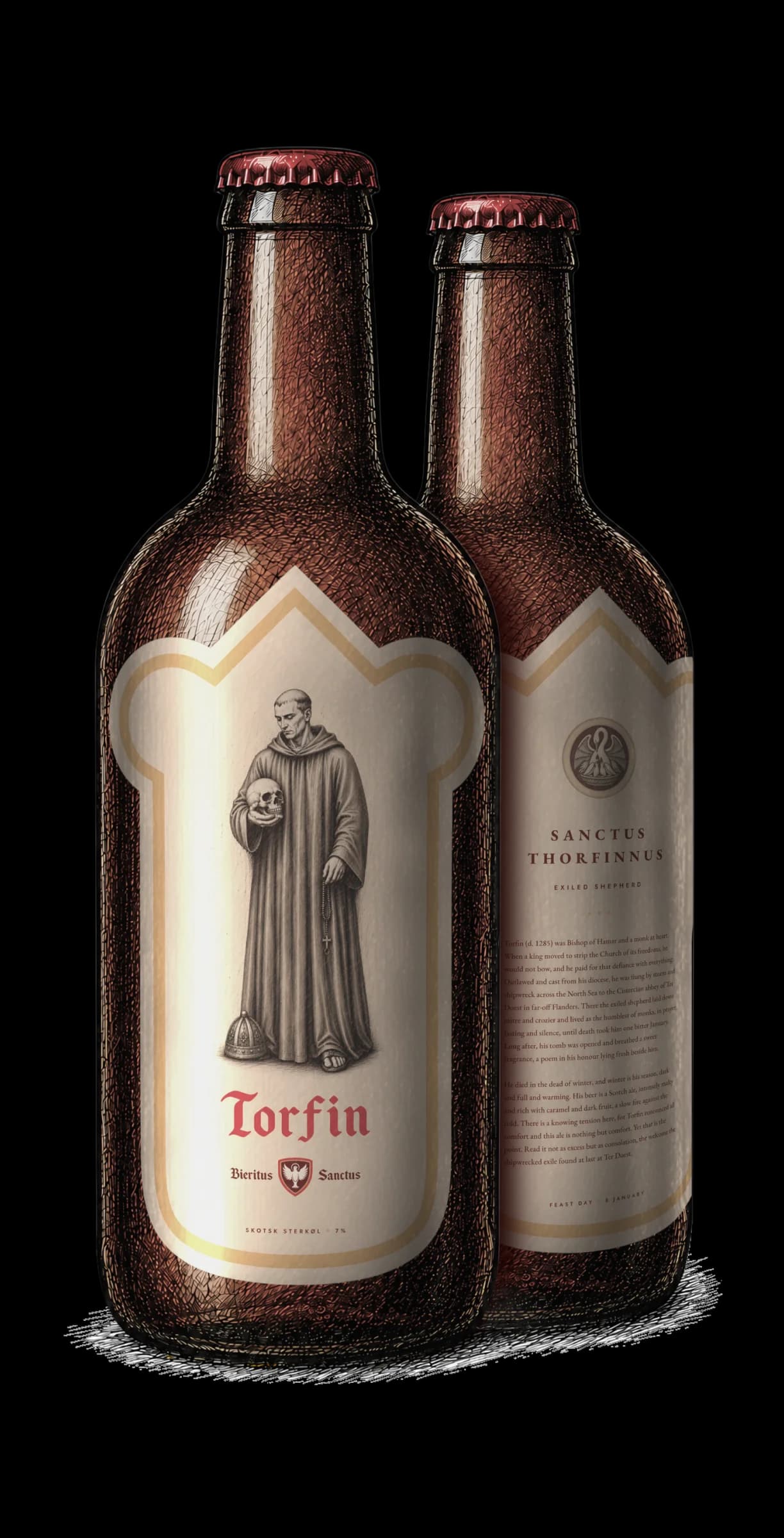 A bottle of Skotsk sterkøl, labelled for Sanctus Thorfinnus.