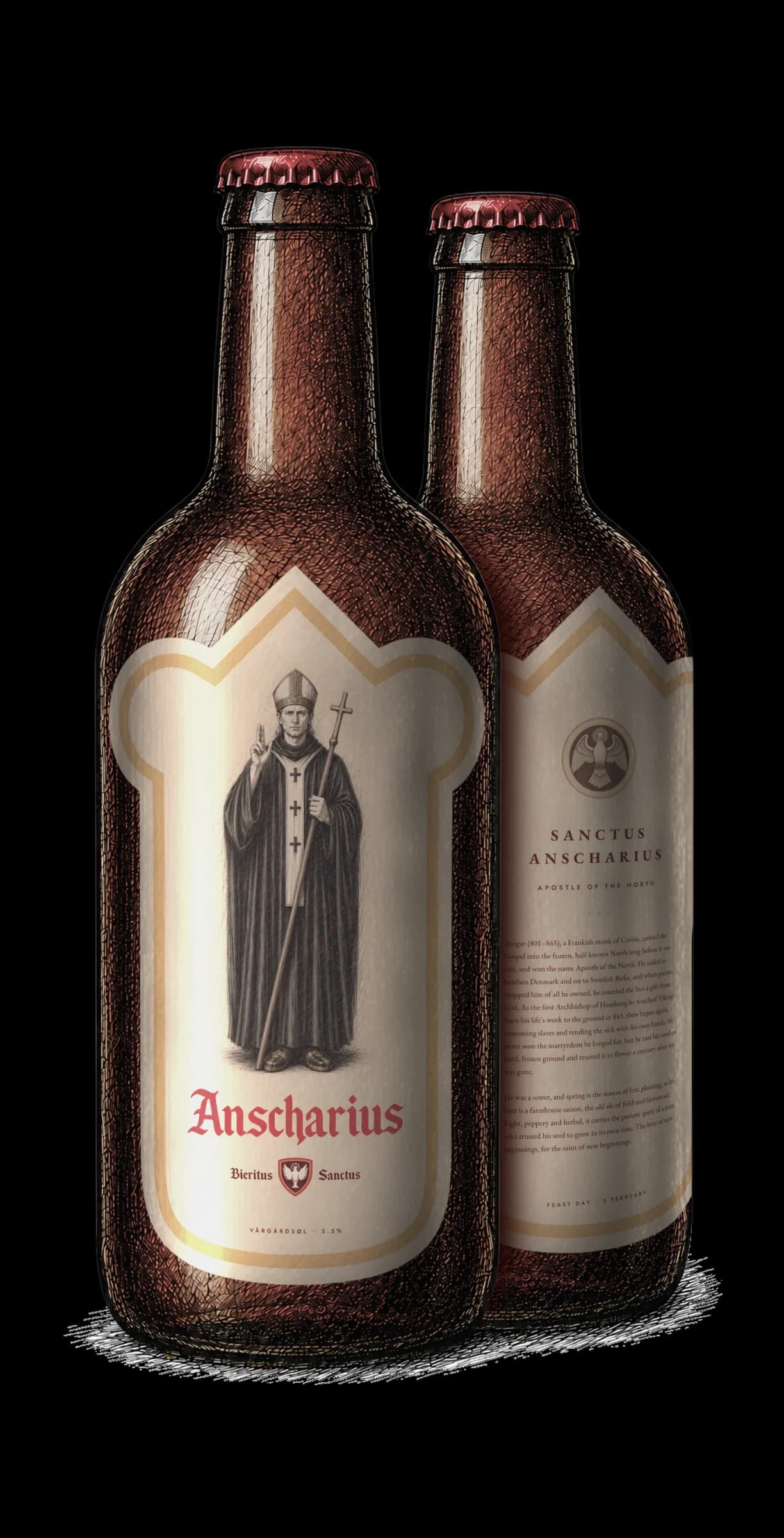 A bottle of Vårgårdsøl, labelled for Sanctus Anscharius.