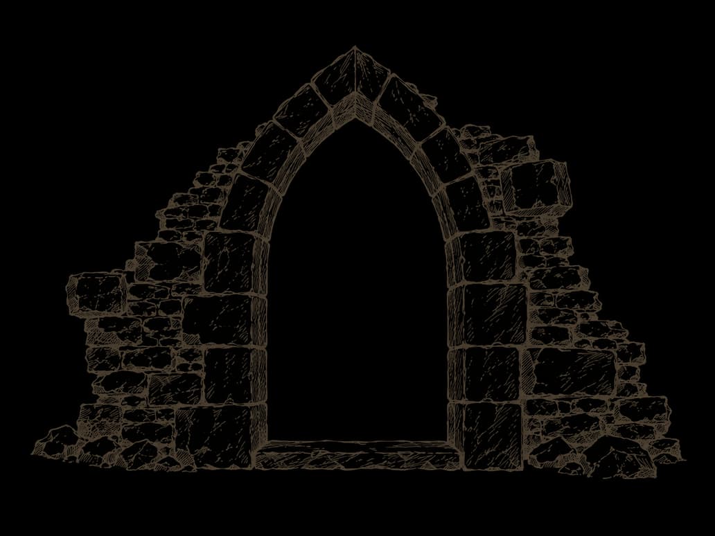 A pointed stone doorway standing in a broken wall, drawn in loose ink, with a worn threshold stone and fallen rubble at either side.