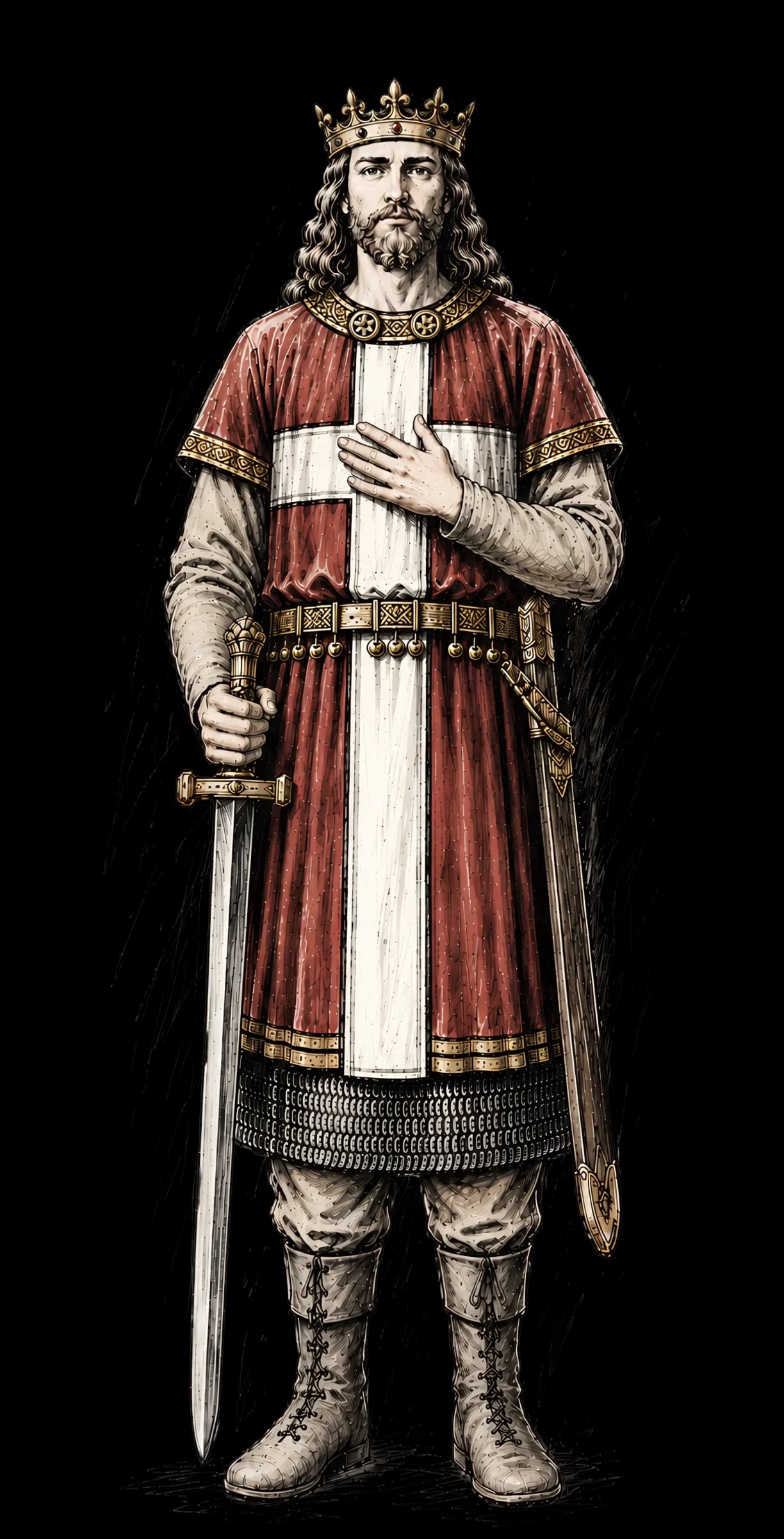Saint Olav crowned, in red royal robes over chainmail, holding a great sword point-downward.