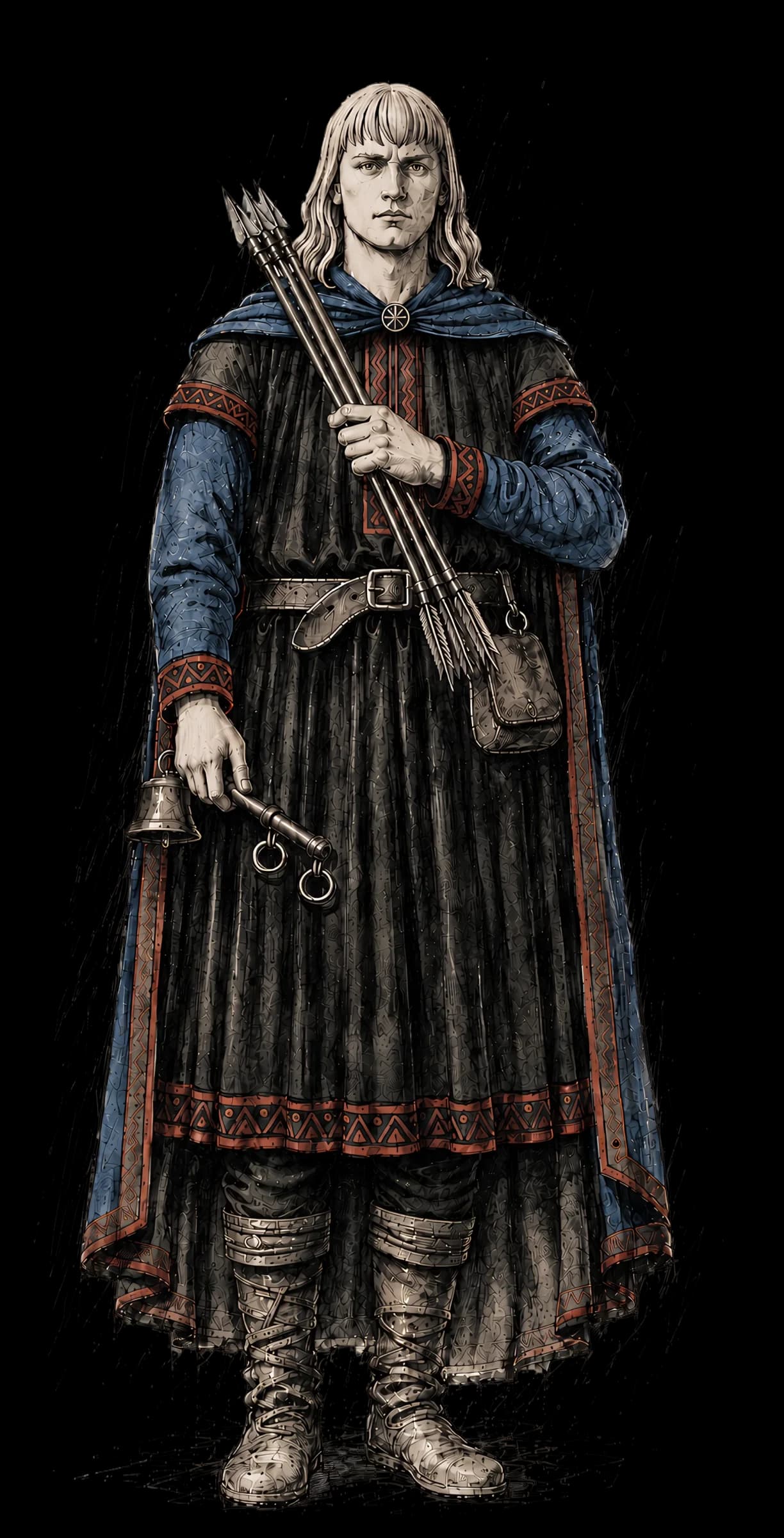 Saint Halvard as a young nobleman in dark robes, holding an arrow, a millstone among his attributes.