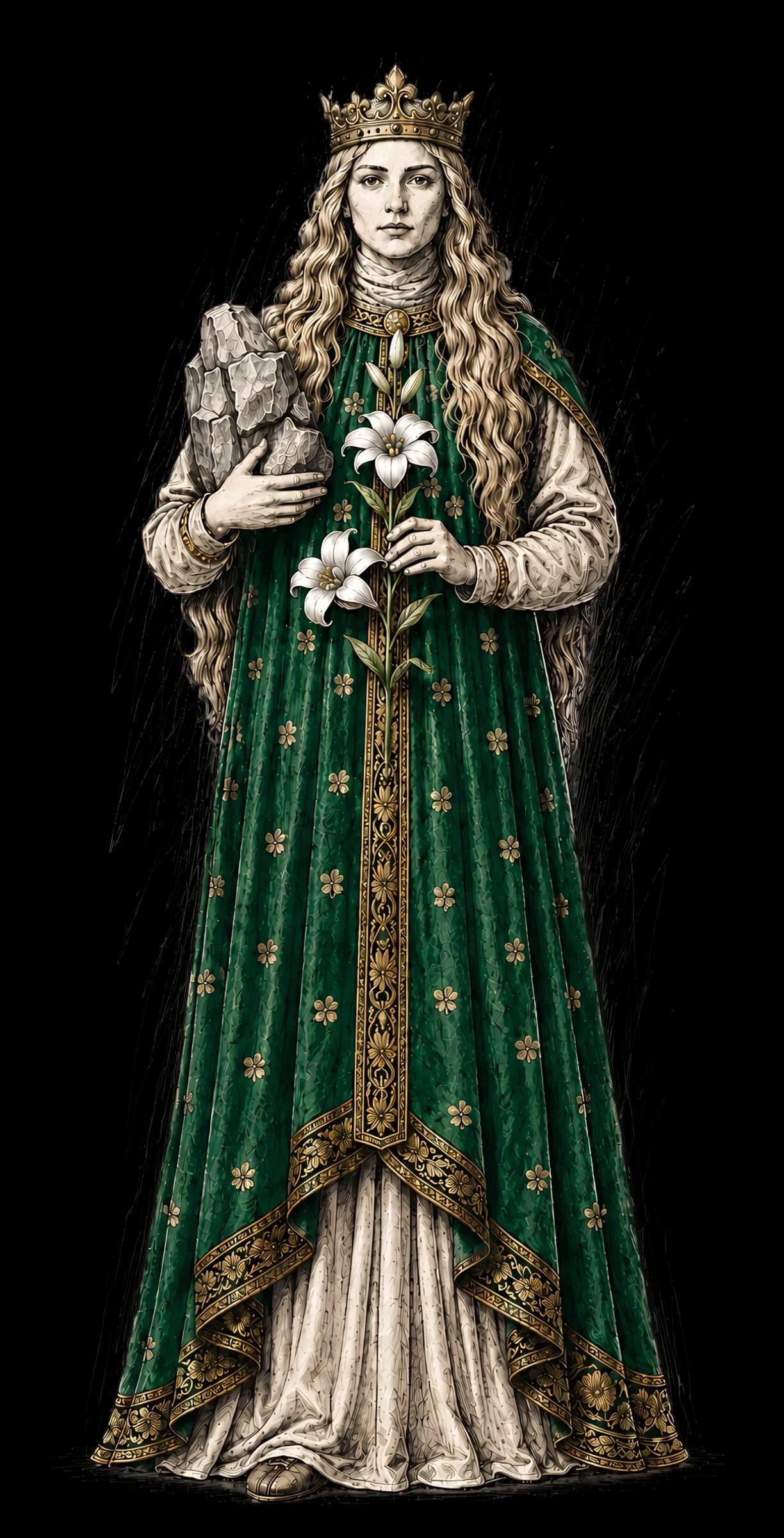 Saint Sunniva crowned as a queen in an embroidered dark green gown, holding white lilies.