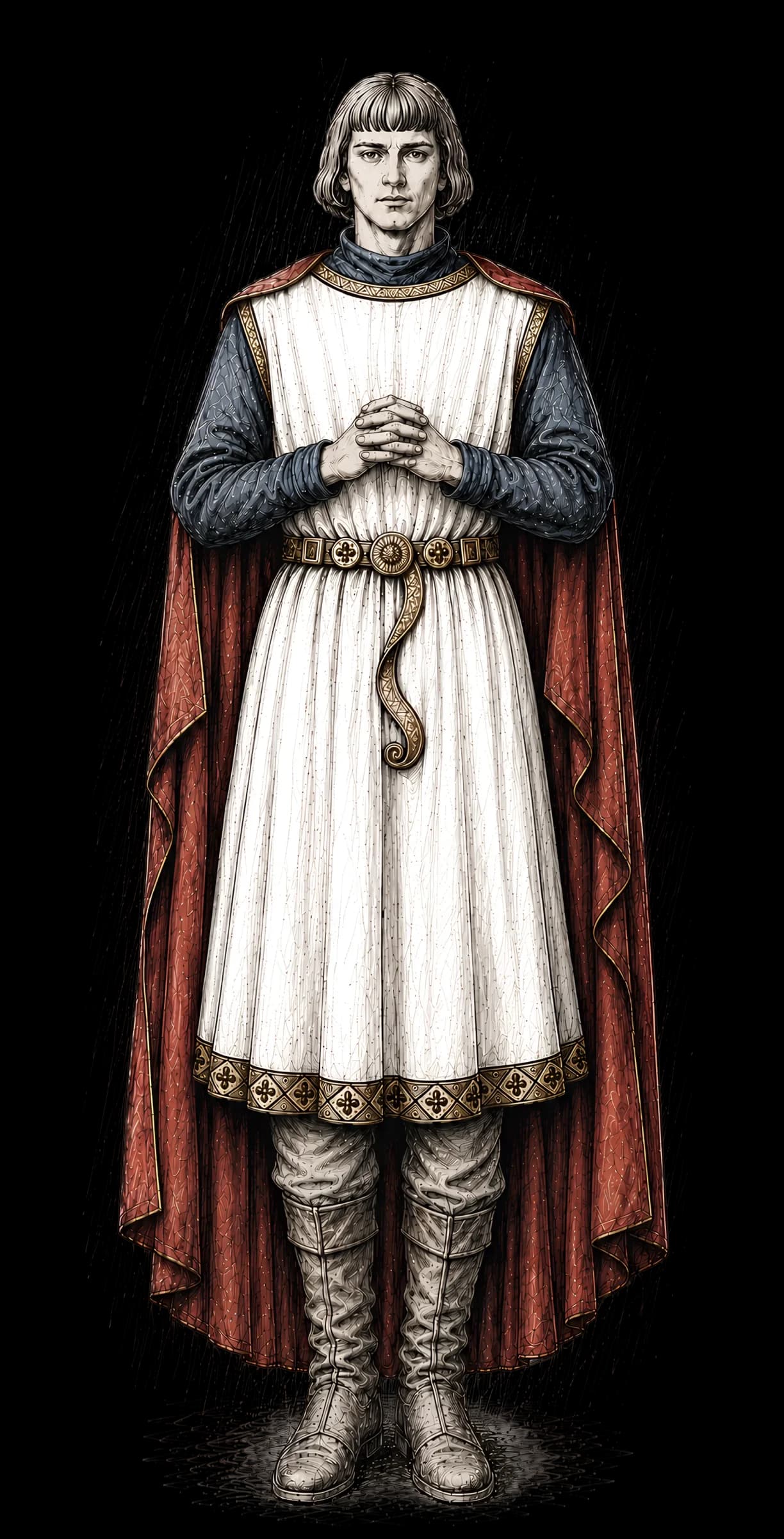 Saint Magnus, crownless and unarmed, in a white alb over a blue garment, hands clasped in prayer.