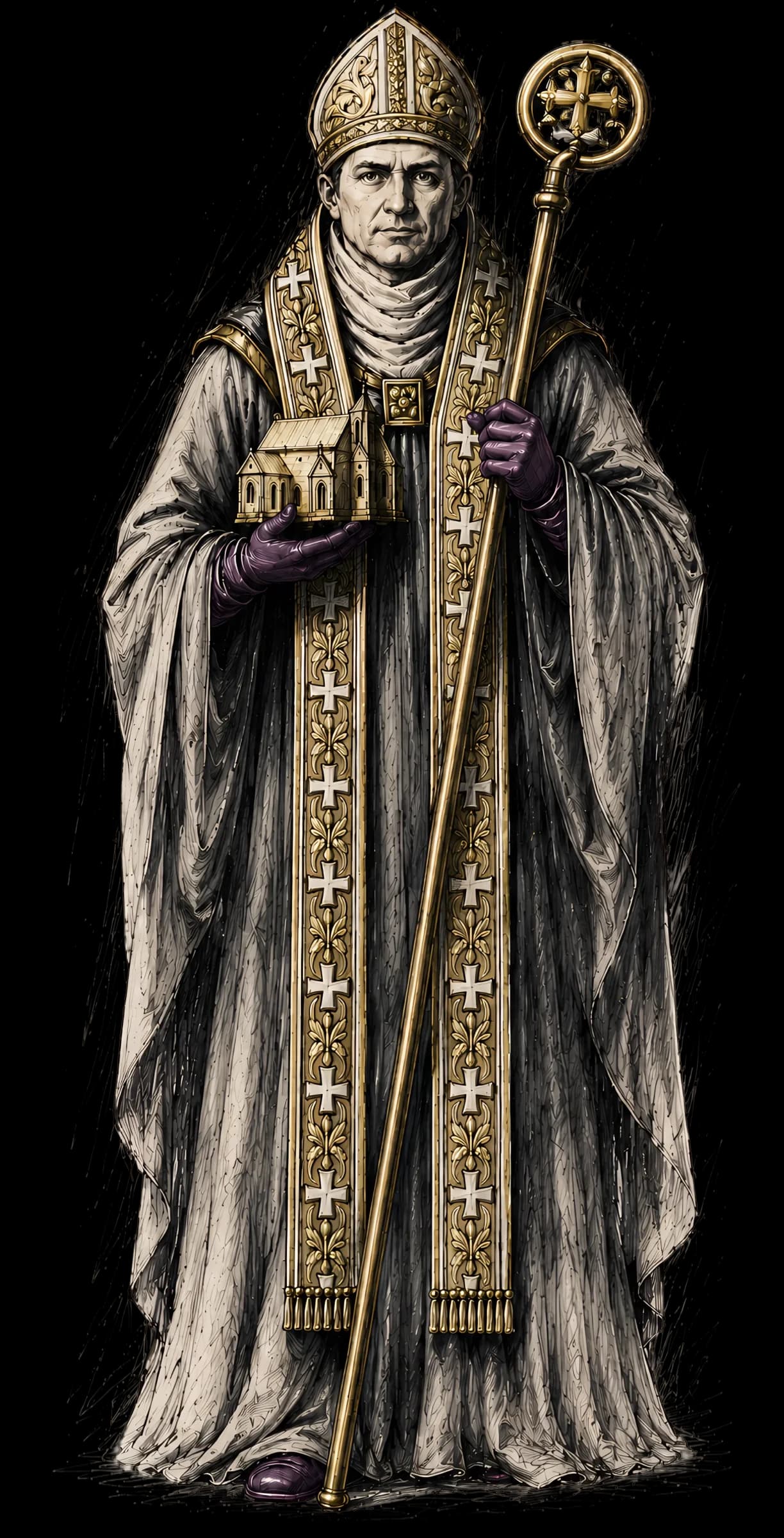 Saint Eystein in archiepiscopal vestments with pallium and mitre, holding a crozier and cradling a model church.