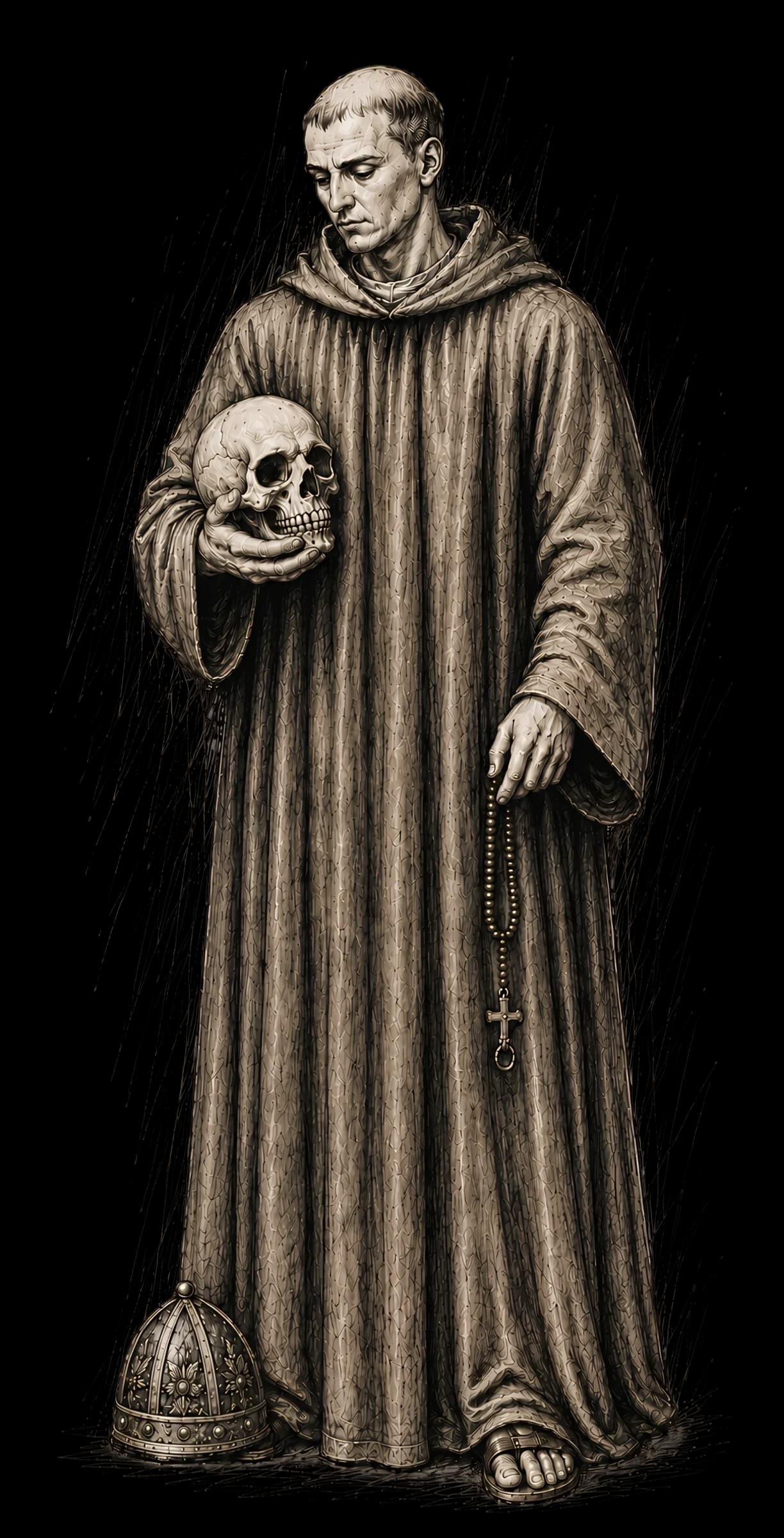 Saint Torfin, tonsured, in plain dark Cistercian robes, holding a skull aloft and a book.