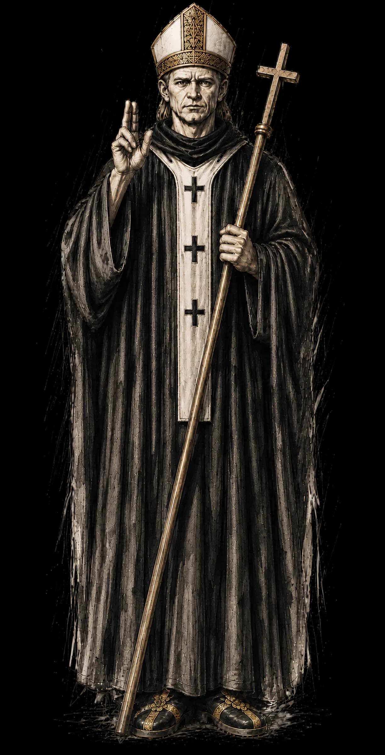 Saint Ansgar in an ornate chasuble and white mitre, holding a golden crozier and a small processional cross.