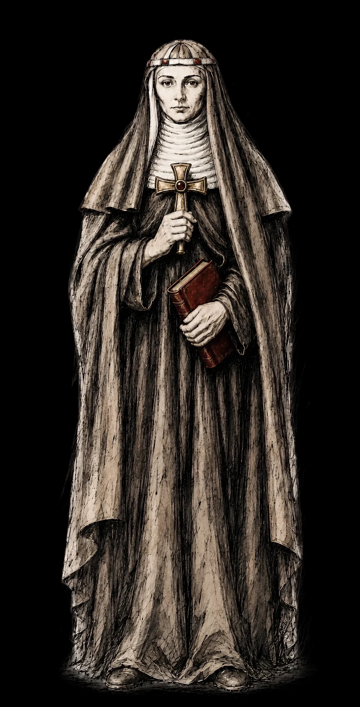 Saint Birgitta in a brown-gray habit and white wimple, wearing the Bridgettine linen crown and holding a red book.