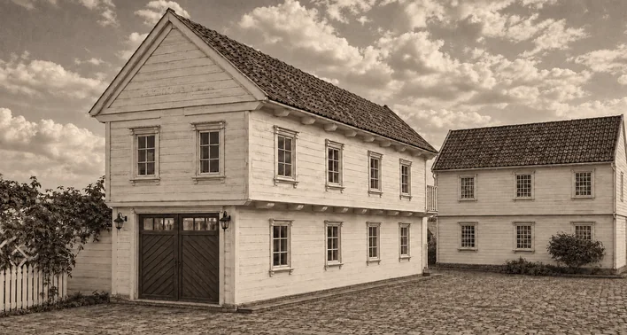 A tall clapboard building with a steep tiled roof and its gable end to the yard, a wide boarded double door at ground level and rows of small paned windows above. A lower wing runs away to the right, and a cobbled yard, a picket fence and low trees stand in front of it under a clouded sky.
