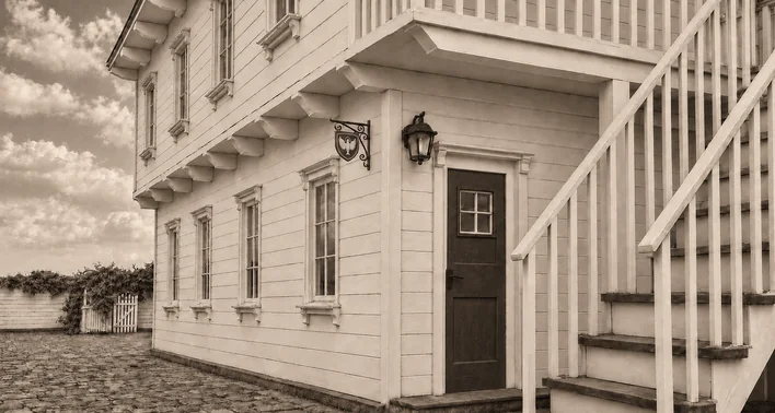 The building's long side seen at an angle, ending in a dark panelled door set back under a projecting canopy. A lantern is fixed to the wall beside it and a small shield-shaped sign hangs from a scrolled iron bracket above. An open stair with a plain balustrade climbs away to the right, and cobbles run back towards a gate in the distance.