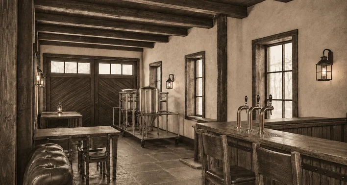 The length of a plastered room under exposed ceiling beams, with a flagged floor and tall paned windows down one side. Trestle tables and benches stand to the left, a timber counter with tall taps to the right, brewing apparatus on a frame in the middle distance, and a boarded double door closes the far end.