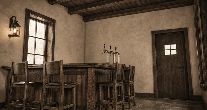 The corner of a room where a heavy timber counter turns, its front boarded solid to the floor and strapped with iron, and three tall taps with lever handles rising from the slab. Four plain high-backed stools stand along it, a paned window and a lantern on the wall to the left, a panelled door to the right.