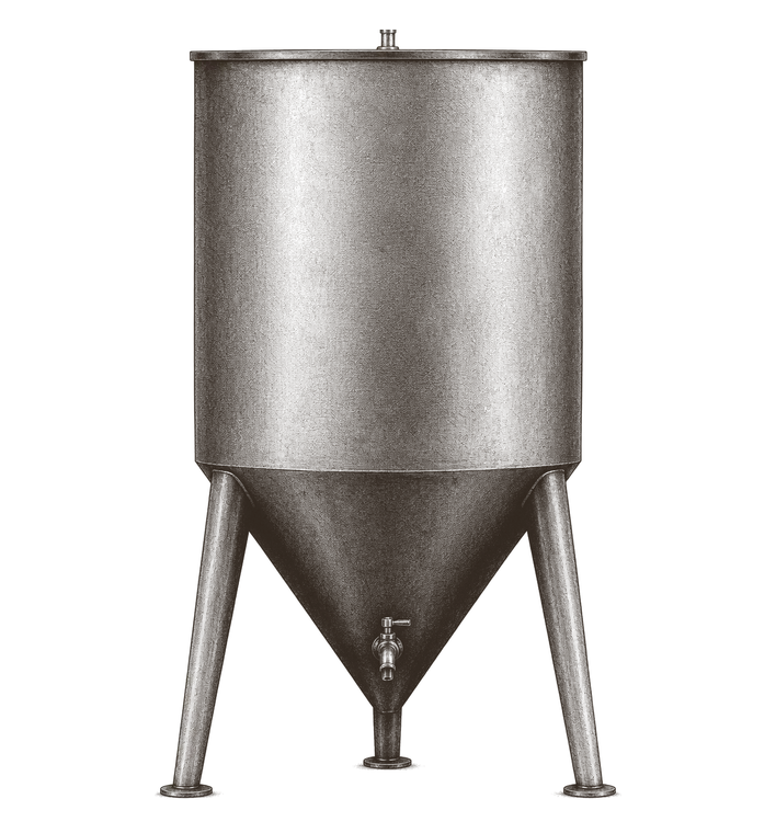 Photogravure plate of a sealed fermenting vessel standing alone, its conical bottom tapering to a point on three slender splayed legs, with a small sample tap low on the cone.