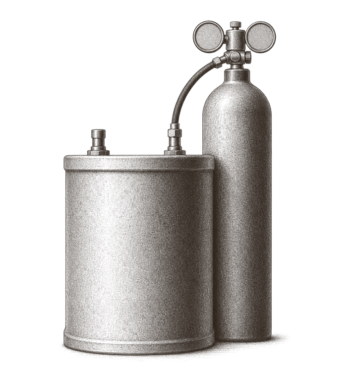 Photogravure plate of a squat keg with two short posts rising from its lid, joined by a taut hose to a tall narrow gas cylinder whose domed shoulder carries a regulator with two blank dials.