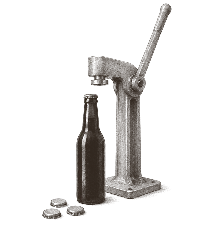 Photogravure plate of a small bottle with a narrow neck standing beside a squat bench capper with a lever, a few loose crown caps lying flat on the ground.
