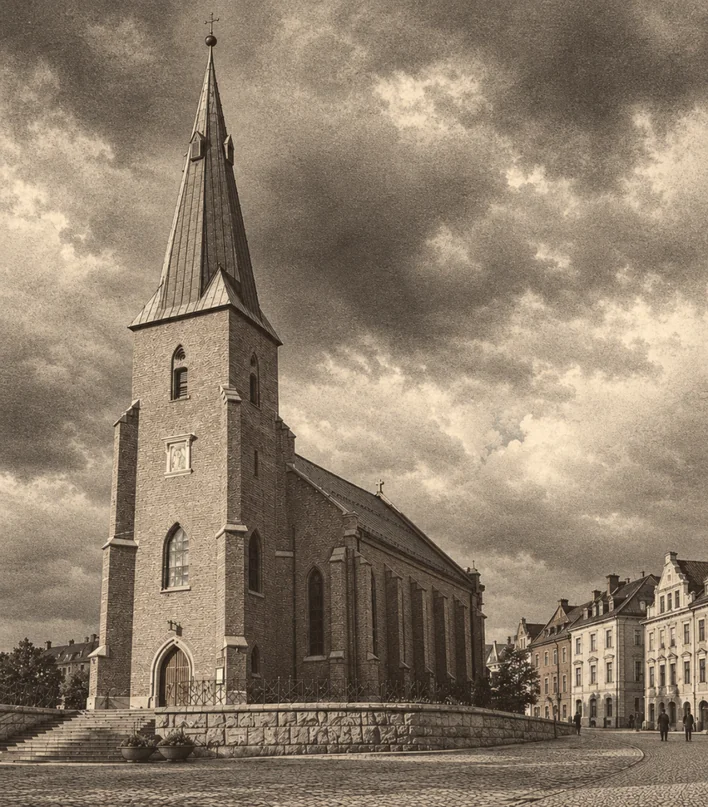 A stone church seen from the square in front of it, in warm sepia.